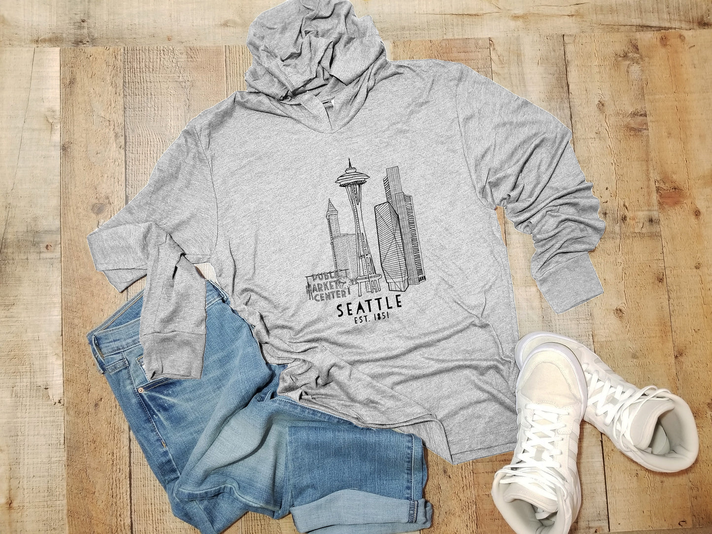 Seattle Skyline - Unisex T-Shirt Hoodie - Heather Gray