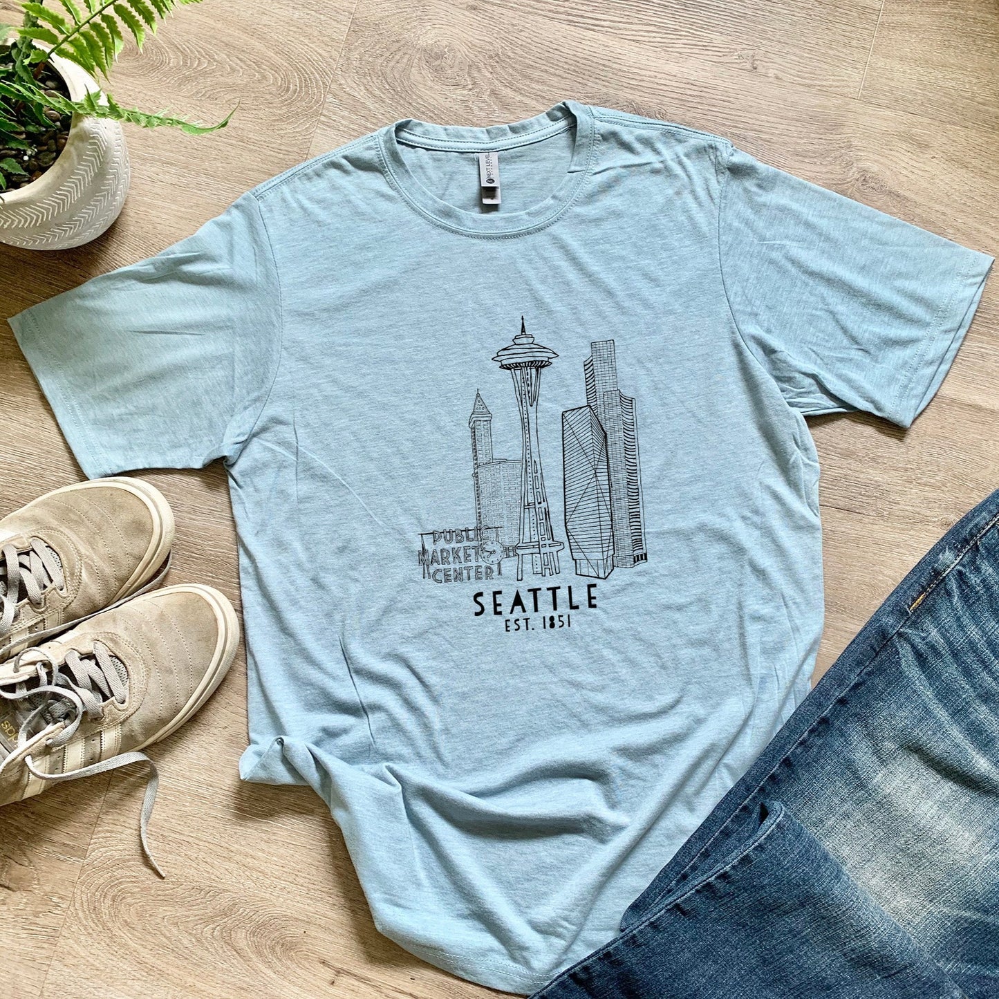 Seattle Skyline - Men's / Unisex Tee - Stonewash Blue, Sage, Lavender, or Heather Gray