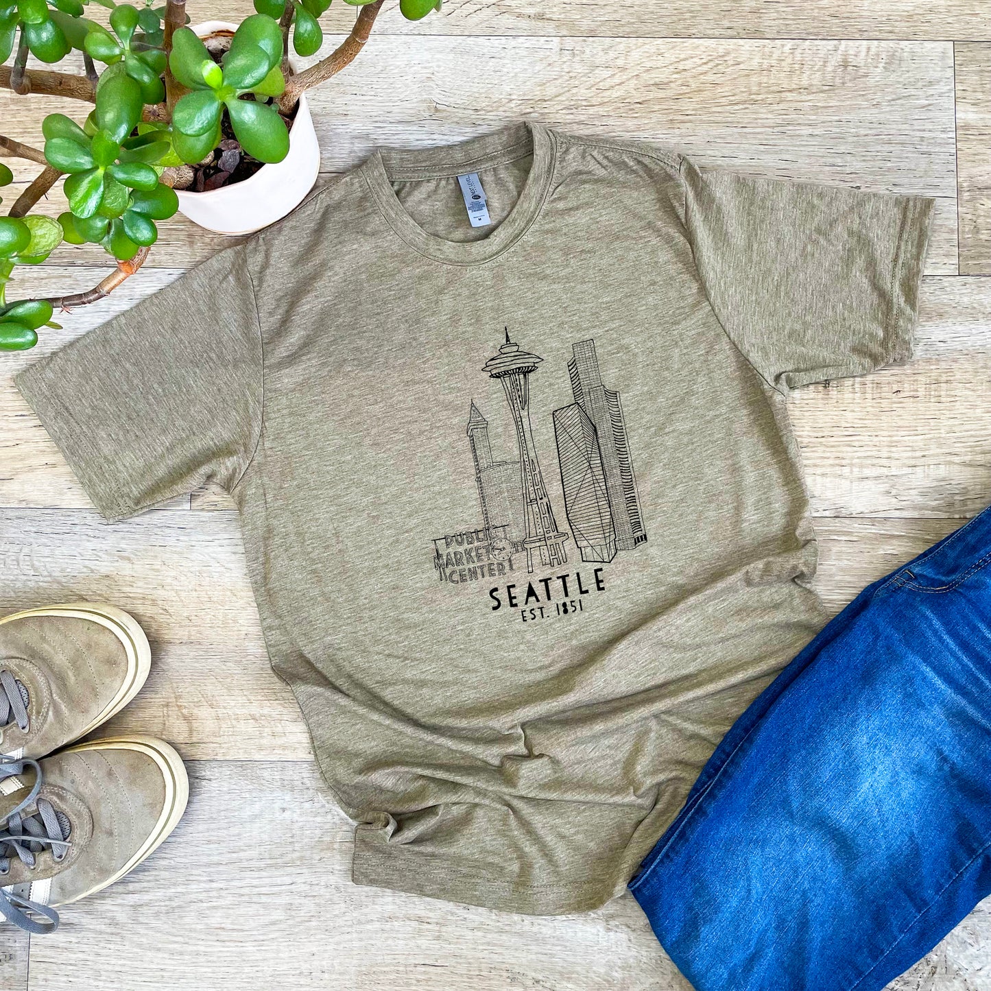 Seattle Skyline - Men's / Unisex Tee - Stonewash Blue, Sage, Lavender, or Heather Gray