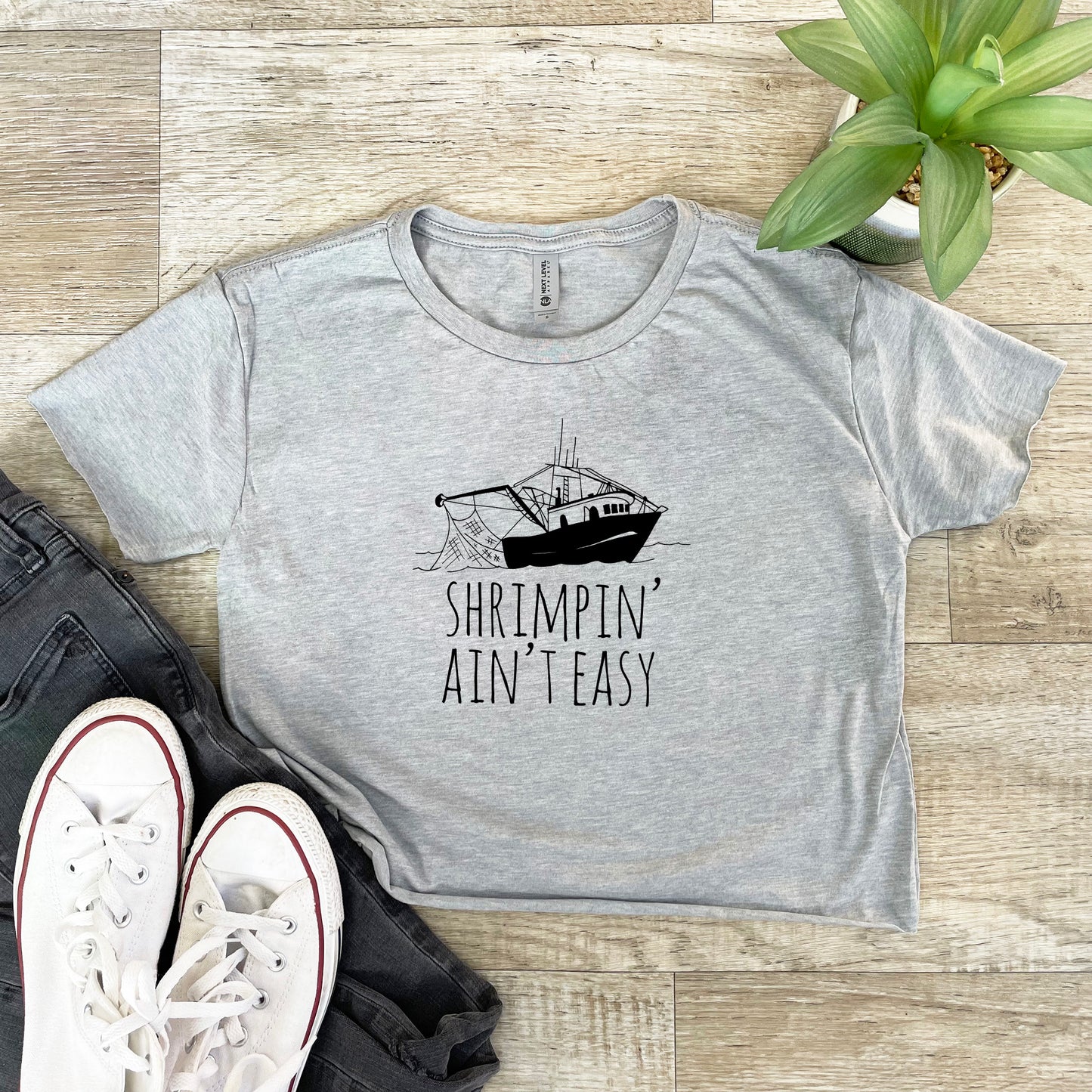Shrimpin' Ain't Easy - Women's Crop Tee - Heather Gray or Gold