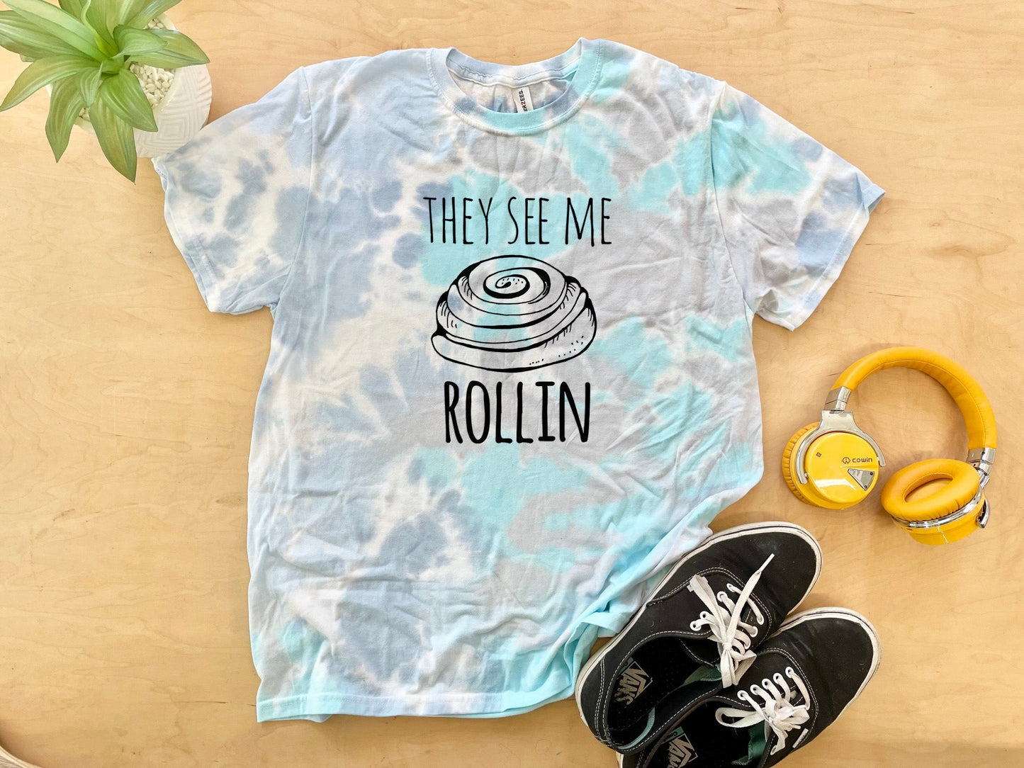 They See Me Rollin' (Cinnamon Roll) - Mens/Unisex Tie Dye Tee - Blue